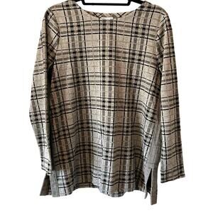 J. JILL Plaid SilverBlack Metallic Shimmer Knit Tunic Top Sz‎ M
